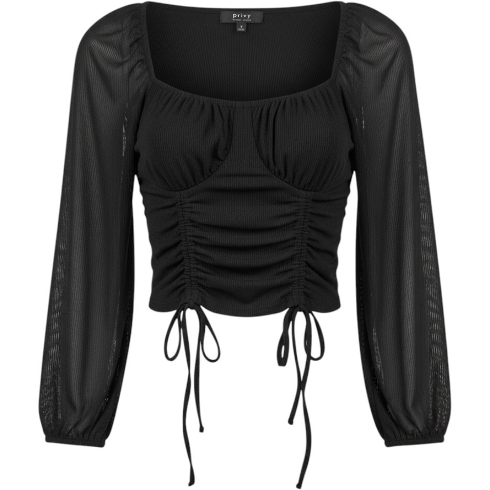 Privy Ruched Crop Top Womens Medium Black Sheer Mesh Sleeve Sweetheart Neck